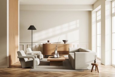 Beyaz duvarları, ahşap zemini, rahat gri koltuğu ve sehpanın yanında duran koltukları olan modern oturma odasının içi. 3d oluşturma