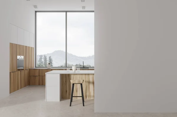 Stylish Home Kitchen Interior Bar Island Wooden Shelves Kitchenware White — Stock Photo, Image