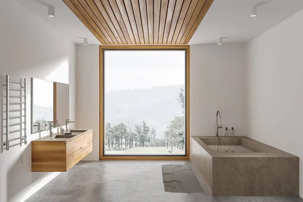 Luxury Hotel Bathroom Interior Double Sink Concrete Bathtub Panoramic Window — Stock Photo, Image