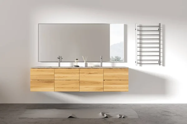 Cozy White Home Bathroom Interior Double Sink Wooden Cabinet Mirror — Stock Photo, Image