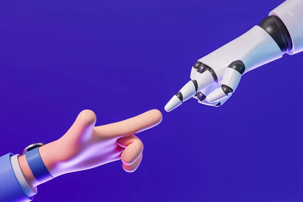 View of cartoon man and robot honda touching fingers reaching to each other over blue background. Concept of human robot interaction and artificial intelligence. 3d rendering