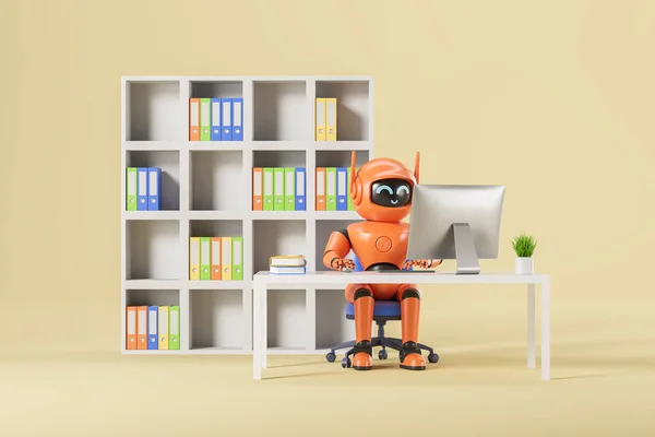 Widok Pomarańczowego Robota Sztucznej Inteligencji Pomocą Komputera Biurze Biblioteczki Folderów — Zdjęcie stockowe