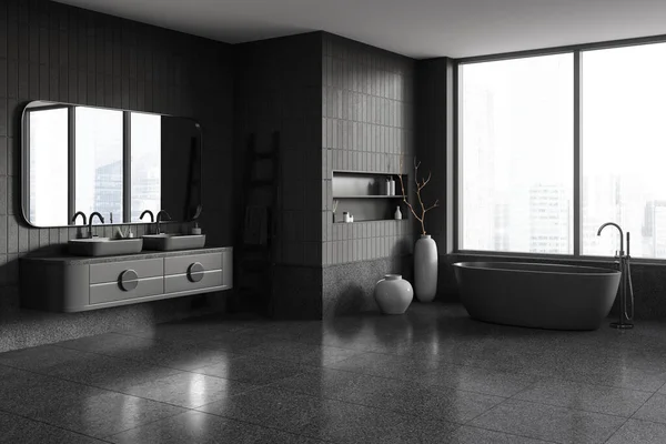 Corner Stylish Bathroom Gray Tile Walls Floor Comfortable Bathtub Double — Stock Photo, Image
