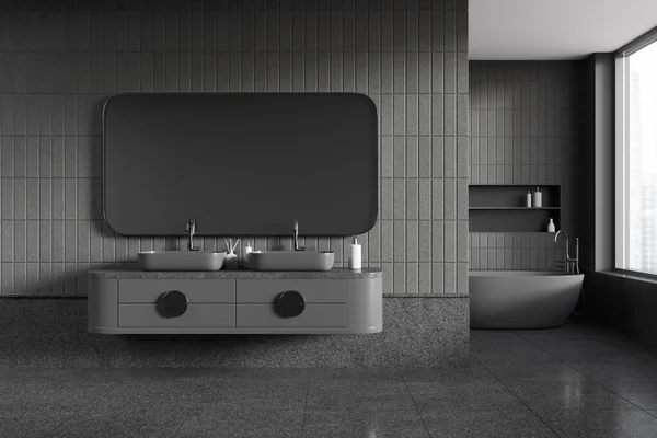 带有灰色瓷墙和地板的时尚浴室的内部 舒适的浴缸和双水池站立在灰色柜台和水平镜面上 3D渲染 — 图库照片