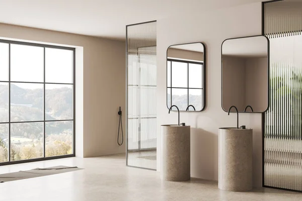 Ecke Des Modernen Badezimmers Mit Weißen Wänden Betonboden Zwei Runden — Stockfoto