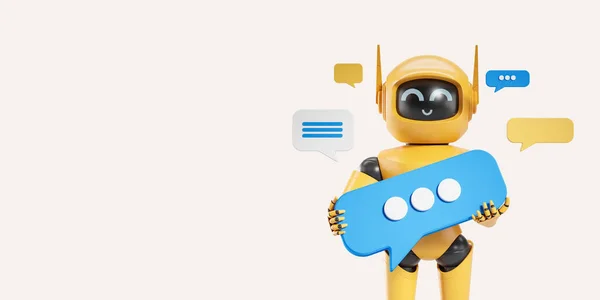 Widok Żółtego Robota Sztuczną Inteligencją Trzymającego Bańkę Mowy Znakami Powiadomień — Zdjęcie stockowe