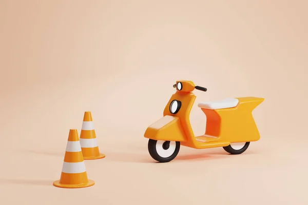 Abgestreifte Plastikkegel Und Motorrad Auf Leerem Beigen Kopierraum Hintergrund Konzept — Stockfoto