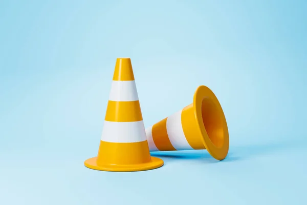 Cone Plástico Listrado Cores Amarelas Brancas Fundo Azul Conceito Estrada — Fotografia de Stock