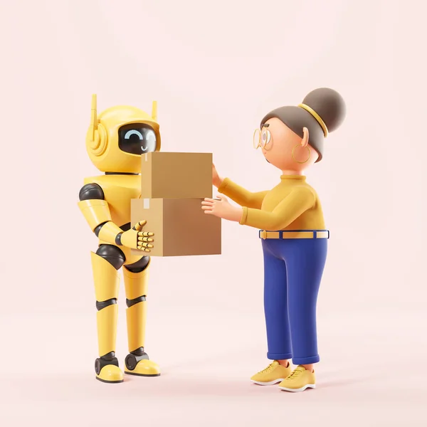 Żółta Sztuczna Inteligencja Robot Kurier Dając Kartonowe Pudełka Kobiety Kreskówek — Zdjęcie stockowe