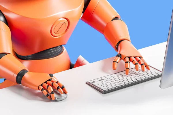 View of orange artificial intelligence robot hands typing on computer keyboard and using mouse on white table. Concept of machine learning and employment. 3d rendering