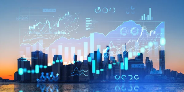 デジタル財務図の二重暴露と夜のニューヨーク市のスカイラインのビュー 株式市場への投資と取引ソフトウェアのアイコンの概念 — ストック写真