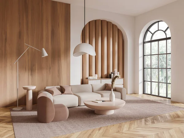 现代客厅角落 有白色和木制墙壁 木制地板 舒适的米黄色沙发和扶手椅 靠近圆形咖啡桌和白色梳妆台 3D渲染 — 图库照片