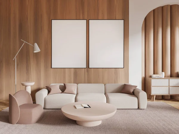 Interieur Eines Modernen Wohnzimmers Mit Weißen Und Hölzernen Wänden Holzboden — Stockfoto