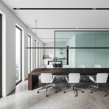 Beyaz ve cam duvarları olan modern toplantı odasının içinde, beton zemin, arkasında sandalyeler ve CEO ofisi olan uzun ahşap konferans masası. 3d oluşturma