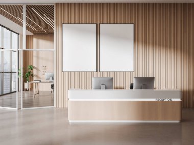 Aydınlık ahşap duvarları, beton zemini, bilgisayarlı beyaz ve ahşap resepsiyon tezgahı ve iki tane de dikey maketi olan modern ofis. 3d oluşturma