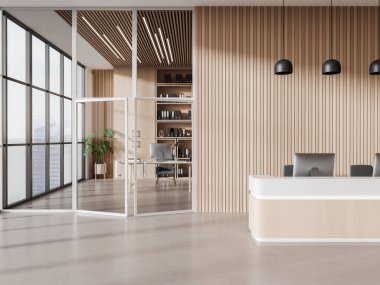 Resepsiyon masası ve bilgisayar ile ofis içi, raflı ve klasörlü CEO odası, Singapur şehir manzaralı panoramik pencere. Samimi iş alanı ve teknoloji. 3B görüntüleme