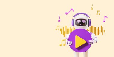 Kulaklıklı yapay zeka robotu sarı arka planda duruyor. Müzik akışı uygulaması ve podcast kavramı. 3d oluşturma, boşluğu kopyala