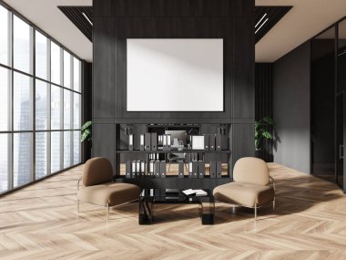 Karanlık iş odasının içi iki koltuk ve rafla dolu, bekleme odası. Singapur şehir manzarasında panoramik pencere. Tuvalin posterini hazırla. 3B görüntüleme