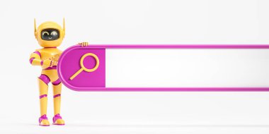 Sarı ve pembe yapay zeka robotu boş pembe arama çubuğunu işaret ediyor. Çevrimiçi arama motorlarında makine öğrenme ve yapay zeka kullanımı kavramı. 3d oluşturma, boşluğu kopyala