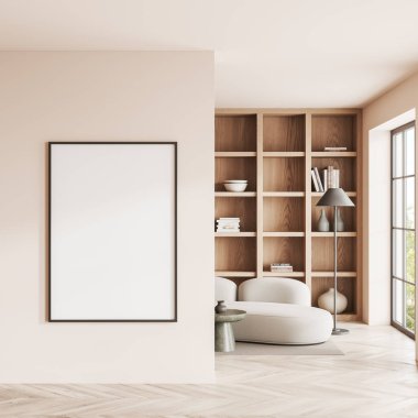 Modern oturma odasının içinde bej duvarlar, ahşap zemin, rahat beyaz kanepe iki yuvarlak sehpa ve ahşap kitaplığın yanında duruyor. Dikey maket posteri. 3d oluşturma