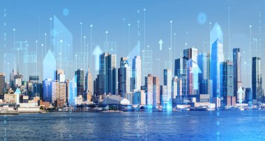 Modern şehir silueti, kablo, dijital arayüz ve oklarla çifte pozlama. Akıllı şehir kavramı, internet ve küresel ağ teknolojisi. New York