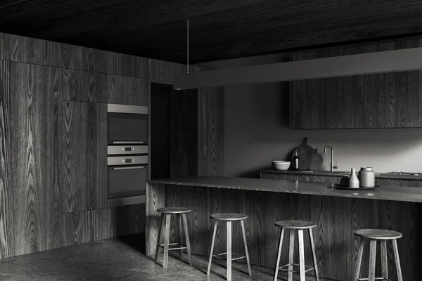 Уголок Стильной Кухни Серыми Стенами Бетонным Полом Тёмными Деревянными Шкафами — стоковое фото