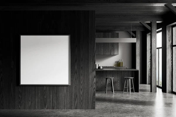 Interior Stylish Kitchen Gray Walls Concrete Floor Dark Wooden Cabinets — Stock Photo, Image