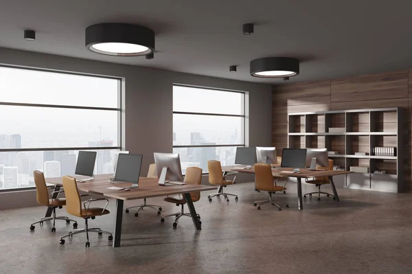 Modernes Coworking Interieur Mit Sesseln Und Schreibtisch Hintereinander Seitliches Regal — Stockfoto
