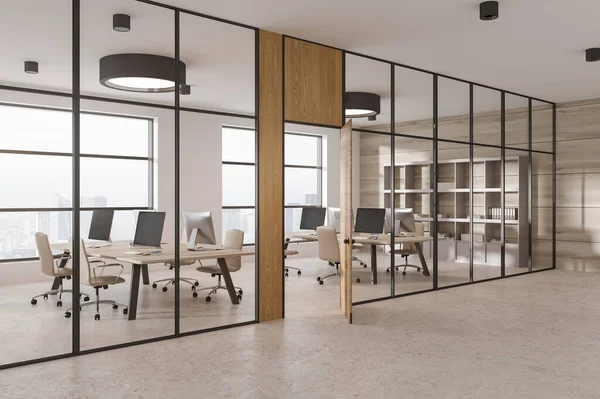 Esquina Elegante Salón Oficinas Con Paredes Blancas Vidrio Suelo Hormigón — Foto de Stock