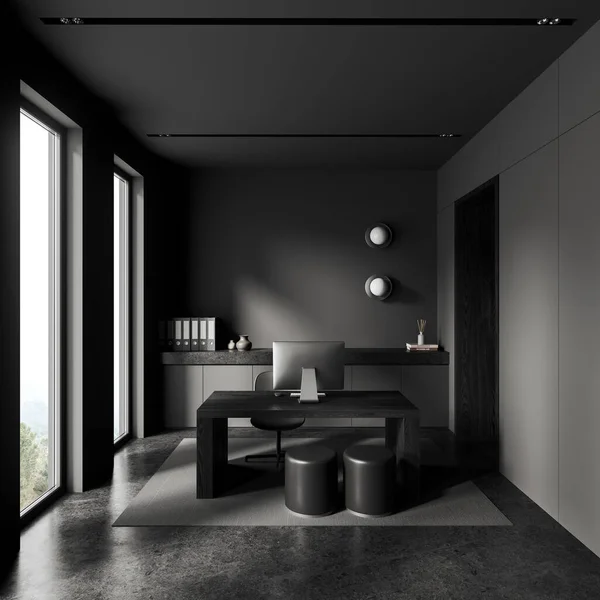 グレーの壁 コンクリート床 椅子とフォルダを持つ灰色のキャビネットと暗い木製のコンピュータテーブルと現代のCeoオフィスのインテリア 3Dレンダリング — ストック写真