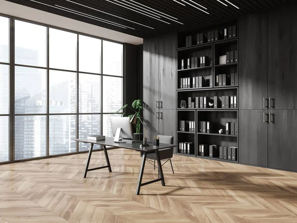 Interior Escritório Ceo Elegante Com Paredes Madeira Cinza Escura Piso — Fotografia de Stock