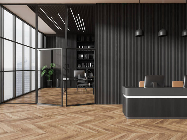 Stylish office interior with reception desk and pc computer, ceo room with shelf and documents, panoramic window on skyscrapers. Modern business work zone and consulting area. 3D rendering
