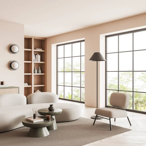 Corner of modern living room with beige walls, wooden floor, comfortable white sofa and armchair, two round coffee tables and wooden bookcase. 3d rendering