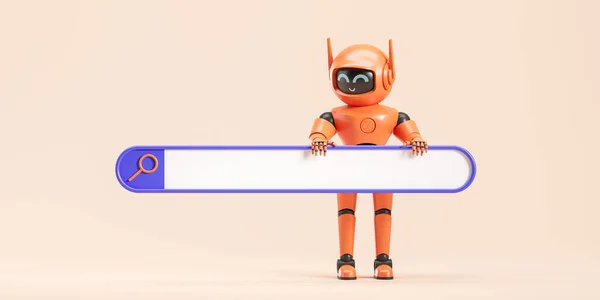 Widok Pomarańczowego Robota Sztucznej Inteligencji Trzymającego Duży Pusty Pasek Wyszukiwania — Zdjęcie stockowe