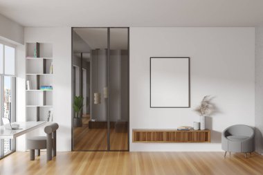 Beyaz oturma odası, çalışma alanı, dizüstü bilgisayarı, dekorasyonu ve koltuğu olan yüzer dolap, ahşap zemin. Panoramik pencere ve tuval posteri, 3B görüntüleme