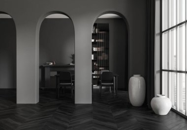 İçi masa, sandalye, kemer ve dekorasyonla dolu karanlık bir yemek odası. Şömine, kitaplarla dolu raf ve şehir gökdelenlerinin panoramik penceresi. 3B görüntüleme