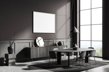 Karanlık yemek odasının iç tarafında boş beyaz poster, yemek masası, sandalyeler, gri duvarlar, beton zemin, kırsal manzaralı panoramik pencere. Minimalist tasarım. Model yap. 3d oluşturma