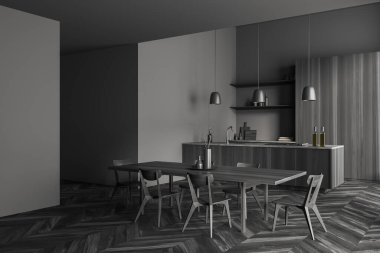 Karanlık mutfak masası, sandalyeler, yan görüş, siyah ahşap zeminde bar adası. Dekorasyonlu yemek ve yemek odası. 3B görüntüleme