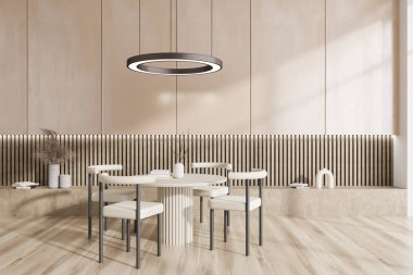 Bej oturma odasının içinde yemek masası ve ahşap zeminde sandalyeler, lamba ve rafta minimalist sanat dekorasyonu ve kitapları var. 3B görüntüleme