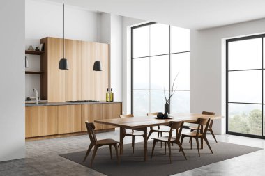 Beyaz mutfak masası, halı üzerinde sandalyeler, yan manzara, gri beton zeminde bar adası. Kırsal kesimde panoramik pencereli yemek ve yeme alanı. 3B görüntüleme