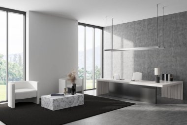 Çalışma masası, yan görüş, rahat koltuklar ve halı üzerinde kahve masası olan beyaz bir iş odası. Kırsal kesimde panoramik pencere. Model boş duvar. 3B görüntüleme