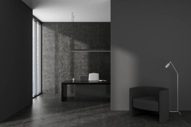 Karanlık bir iş odası, rahat köşesinde koltuk, dizüstü bilgisayarlı ve aletli çalışma masası. Singapur şehir manzarasında panoramik pencere. Model boş duvar. 3B görüntüleme