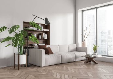 Beyaz oturma odasının içi kanepe ve sehpa, yan görüş, raf ve saksıda büyük bir bitki. Singapur gökdelenlerinin panoramik penceresi. Kopya uzay duvarı. 3B görüntüleme