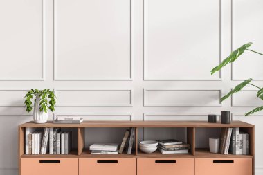 Beyaz galeri odasının içi büfe ve dekoratif kitaplarla dolu, modern sergi alanı fotokopi odası döşeme duvarlarıyla dolu. 3B görüntüleme