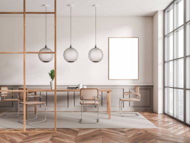 Beyaz oturma odasının içinde yemek masası ve sandalyeler, minimalist dekorasyonlu toplantı köşesi, ahşap zeminde halı. Gökdelenlerin panoramik penceresi. Posteri düzenle. 3B görüntüleme