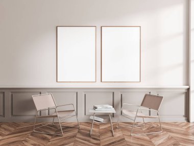 Beyaz oturma odasının içinde iki koltuk, yerde kitaplar olan bir sehpa. İki maket uzay tuvali posterini sıraya dizdim, kalıp tasarladım. 3B görüntüleme