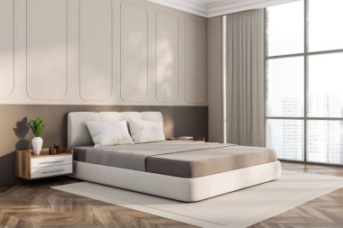 Parlak yatak odasının içi yatak odası, panoramik pencere, başucu, yastıklar, ev bitkisi, meşe ağacından ahşap döşeme, halı. Minimalist tasarım kavramı. Yaratıcı fikir için yer var. 3d oluşturma