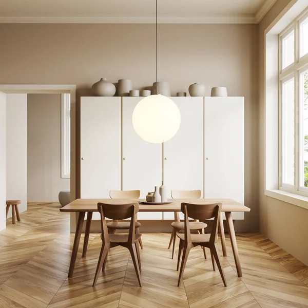 Beige Wohnzimmereinrichtung Mit Esstisch Und Stühlen Hartholzboden Regal Mit Dekoration — Stockfoto