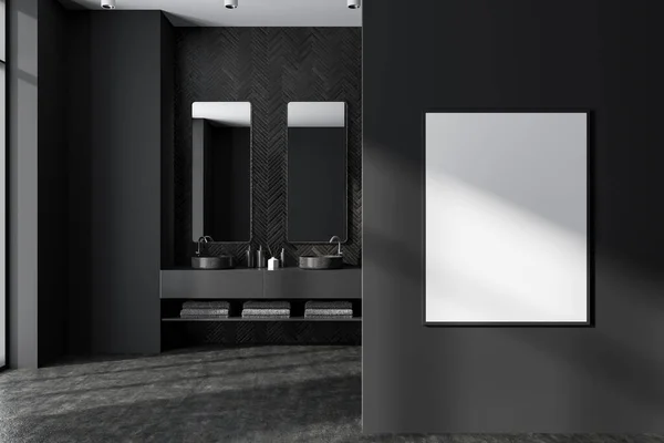 黑暗的酒店浴室内部与双水槽 配件和灰色混凝土地板 进来前把帆布海报贴好 3D渲染 — 图库照片
