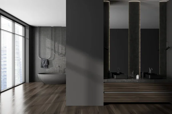 Dark Bathroom Interior Bathtub Double Sink Hardwood Floor Stylish Bathing — Stock Photo, Image